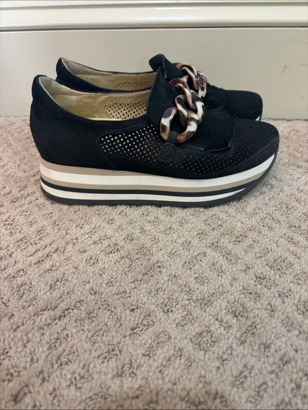 Black Platform Slip-On Loafer with Tortoiseshell Chain Accent